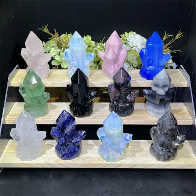 Wholesale High Quality Carving Black Obsidian Rose Quartz Garnet Clear Quartz Green Fluorite Opal Mixed Crystal Tower for Decor