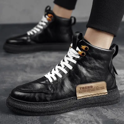 British Textured Leather Shoes Autumn and Winter New Plush High Top Casual Men's Fashion Shoes