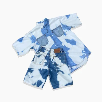 DIZNEW Custom Designer Men Short Set Plus Size Quality Summer Acid Washed Denim T-shirt and Jeans Shorts 2 Piece Set