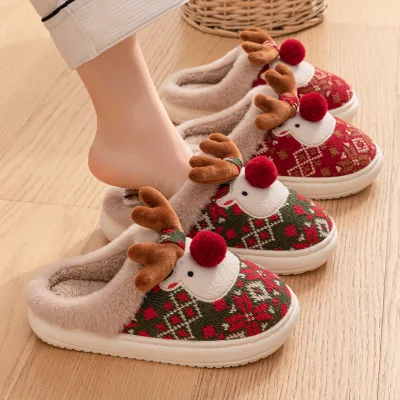 Fashion Women's Winter Cotton Slippers Cute Christmas Reindeer Animal Print Non-Slip Plush Home Warm Slippers