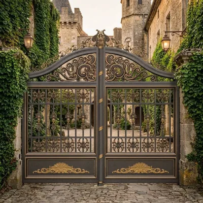 New Chinese Arched Top Courtyard Gate with Deer Relief Carving, 4-Leaf Bronze Brown Aluminum Swing Driveway Gate