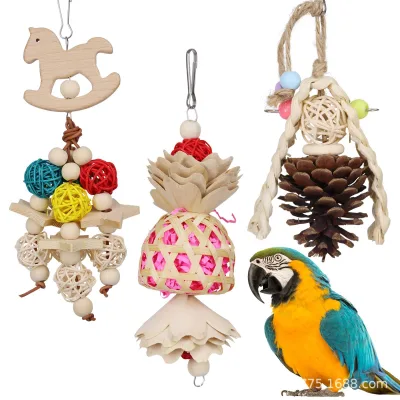 Pet Bird Toy Natural Wood Corn Husk Cone Rattan Weave Parrot Chewing Large Bird Toys Parrot Accessories