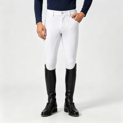 EVS Men's White Equestrian Breeches Silicone Full-Seat Grip Knee Patch Horse Riding Pants High Waist Stretch Lightweight Machine