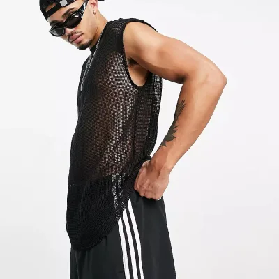 Wholesale Custom Dropped Armholes Crew Neck Oversized Fishnet tank Top See Through Black Mesh Vest Men