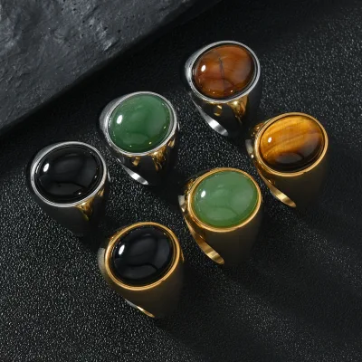 Vintage Stainless Steel Oval Natural Stone Ring Creative Opal Tiger Eye Stone Ring for Men