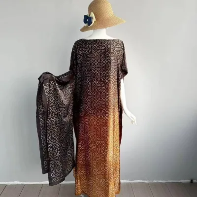 2025 Wholesale Luxury Designer Silk Printed Robe, Headscarf, Ethnic Style African Loose Silk Muslim Robe