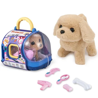 Electronic Plush Toy Golden Retriever Dog With Carrier Cage Pretend Play Accessories Walking Barking Interactive Toys for Kids