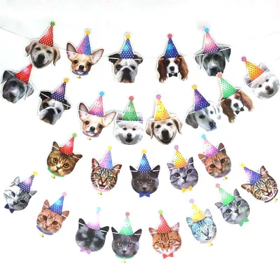 Dogs Birthday Garland Funny Corgi Face Portrait Birthday Banner Dog Cat Bunting Decoration Dog Cat Pulling Flag Banners