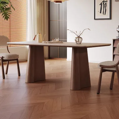 Hole Stone Slab Rectangular Dining Table Mid-century Style High-end Walnut-colored Stone Slab Top Complete Set Chairs Home Use