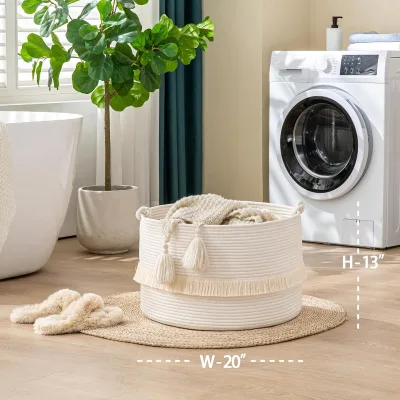 Large Woven Cotton Rope Basket for Baby Laundry Collapsible Hamper for Living Room Blanket Organizing for Clothing Storage