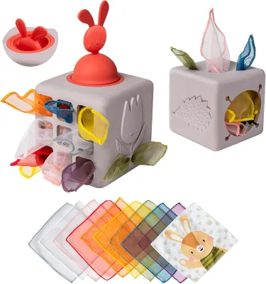 Montessori 2 in 1 Silicone Toy Box, Baby Tissue Box Montessori Toys With 10 Fabric Tissues for Babies