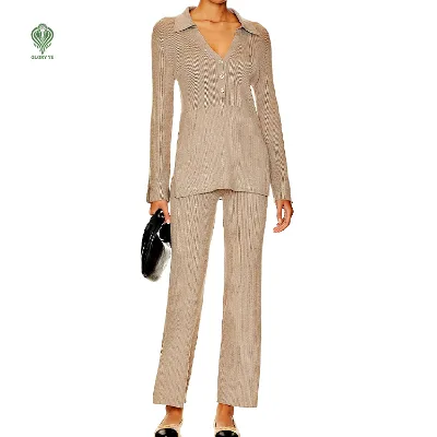 Wholesale Custom logo Oem & Odm Long Sleeves Polo Neck Rib Knit Cotton Women's Knit Pants with Slits and Polo Sweater Top