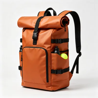 Roll Top Tennis Backpack Orange Waterproof Racket Bag with Buckle Straps Side Bottle Pocket Ball Pocket for Court