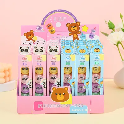 Cute Korean Bear Spaceman Splicing Mini Oblique Brush Tip Highlighter Set Cartoon Color Mark Stroke Key School Gift for Students