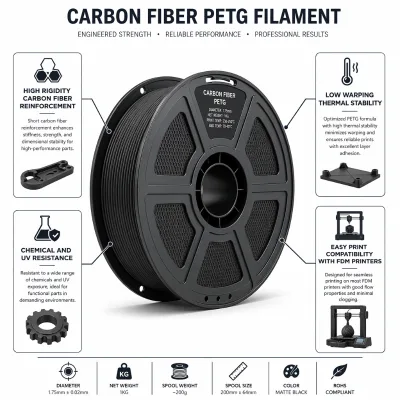 PETG CF Carbon Fiber 3D Printing Filament 1.75 mm 1 kg High Rigidity Low Warping Black Engineering Material