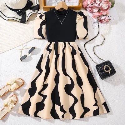 Summer New Girls' Long Dress Stylish Irregular Striped Printed Knitted Patchwork O-Neck Collar Sweet Mixed