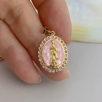 Women's Religious Christian Style Gold Plated Brass Pink Shell Pendant Necklace for Anniversary Engagement Wedding Party