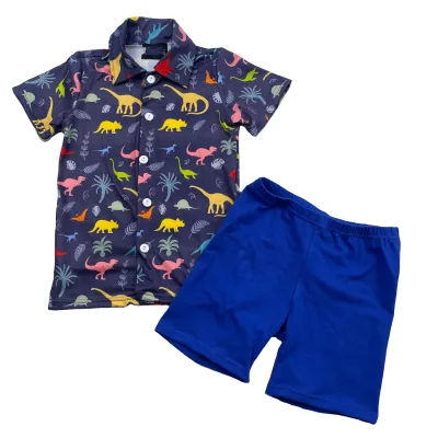 Hot Selling Custom Dinosaur 2022 Baby Boys Button Up T shirt and Blue Shorts Outfits Kids 2pcs Summer Boutique Clothing Sets