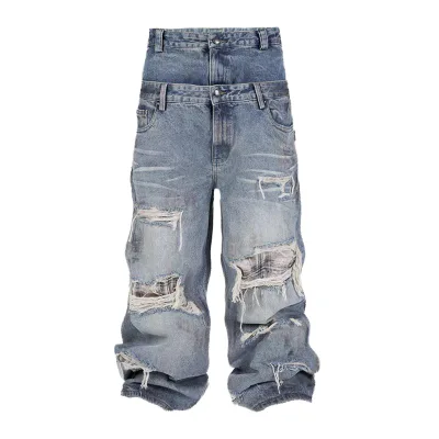 LEDUO Custom Jeans Quality Double Waist Distressed Straight Style Denim Baggy Jeans for Men Retro Cargo Pants Men's Cotton Pants