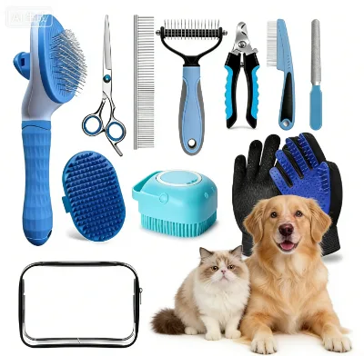 Luxury Dogs and Cats Grooming Kit with Stainless Steel & Silicone Bath Brush Nail Clipper Flea Comb-Safe for Pets