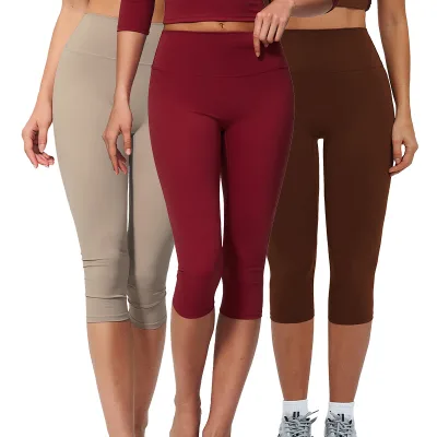 EZK5529 Hip Line Design Brushed High Waist Slim Fit Cropped Yoga Capri Leggings for Running Workout