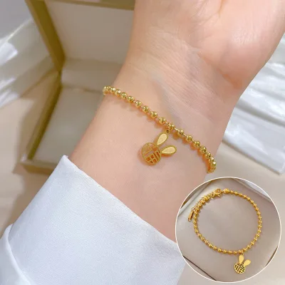 Stylish High End 18k Gold Plated Hollow rabbit round Charm bead bracelet Delicate Sweet Titanium Steel charm bracelet for Women