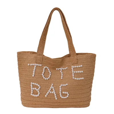 Commuter Travel Leisure Beach Tote Bag for Summer Women Niche Pearl Weave Letters High Capacity Shoulder Hand Bag