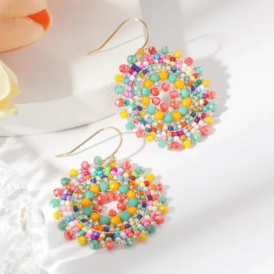 New Trendy Bohemian Handmade Geometric Design Circle Crystal Bead Drop Earrings for Women for Gift