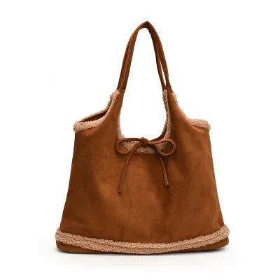 Vintage Casual Bow Velvet Handbag with Two Straps Large Capacity Shoulder Bag for Daily & Outdoor Use