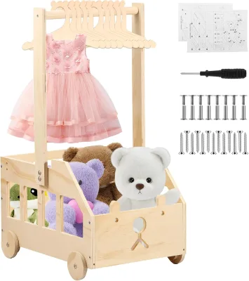Wooden Baby Baptism Gift Set with Wardrobe Storage Basket with Hanger and Wheels