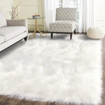 White Faux Sheepskin Modern Luxury Fluffy Rectangle Fuzzy Washable Area Rug for Living Room Bedroom Playroom Decor