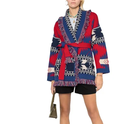 Niche Bohemian Ethnic-Style Winter Wool Thick Retro Color-Block Jacquard Mid-Length Tassel Lace Closure Full Cardigan Sweater