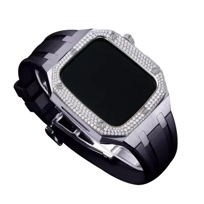 Top Quality Moissanite Hand Setting Stainless Steel Watch Bezel With Fluororubber Band for Apple Watch Series 4/5/6/7/8/9/SE