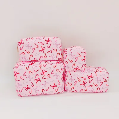 Holiday Bulk Christmas Gift Bag Party All Over Print Waterproof Nylon Travel Gold Metal Zipper Pouch Makeup Toilet Christmas Bag