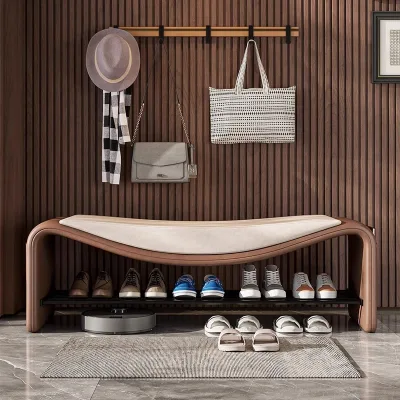 Modern Entryway Shoe Changing Bench Solid Wood Nappa Leather Hallway Bench With Shoe Storage Shelf for Porch Hall