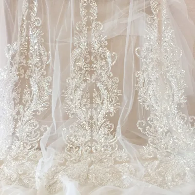 3D Beaded Silver Thread Embroidered 100% Polyester White Lace Fabric Garment Wedding Dress Large Flower Applique Patch