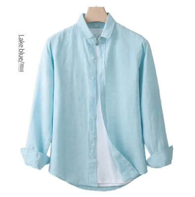 100% Linen Men's Loose Casual Cotton-Flax Shirt Long-Sleeved with Stand-Up Collar Solid Color Plus Size Top