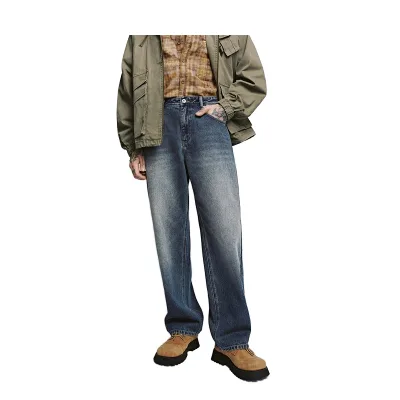 Ur2025 Winter New Men's Casual Vintage Washed Straight Solid Mid Rise Digital Printing Woven Cotton Denim Pants