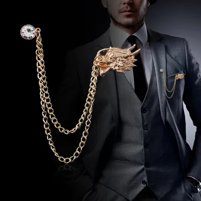 Brooch,Fashion Retro Wolf Animal Design Brooch Men's Animal Lapel Pin with Chain