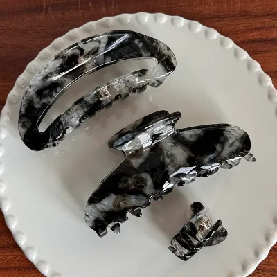 New Trendy French Vintage Simple Black Ink Colored Large Women Acetate Hair Claw Clip Set