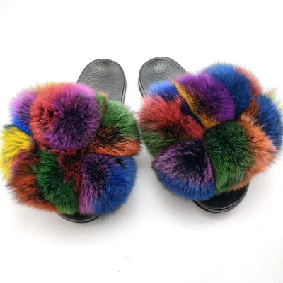 Women Slippers Fashion Fur Sandals with Cotton Lining PU Midsole Colorful Design for Casual Indoor Daily Wear