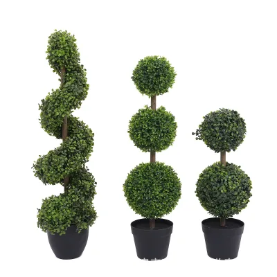 PE Decorative Artificial Boxwood Tree Topiary with Pot 150cm/180cm Tall Spiral Boxwood Plastic Decorative Wood Artificial Leaves