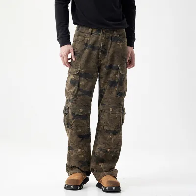 Retro Vintage Hip Hop Casual Pants High Street Camo Multi-Pocket Slim Overalls Washed Straight Leg for Autumn Winter
