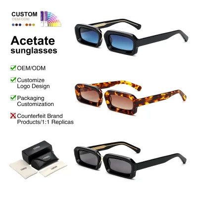 Wholesale Custom Logo Chunky Acetate Rectangle Polarized Sunglasses UV400 Gold Detail Shades Unisex