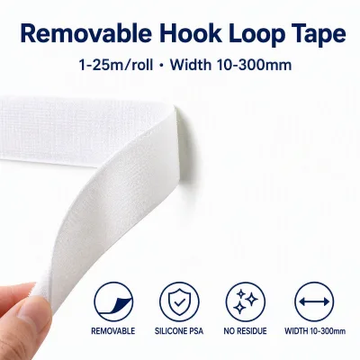 Removable Hook Loop Tape, Residue-Free Clean Removal Adhesive, Repositionable Reusable, 1-25m/Roll