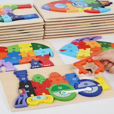 Free Custom Kids Wooden 3d Puzzle Jigsaw Toys for Kids Toys Children Cartoon Animal Vehicle Wood Toddler Puzzles
