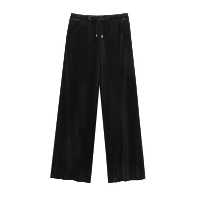 Women's Clothing 2025 New Fashion Velvet Wide-leg Pants Retro High Waist Drawstring Casual Women's Trousers
