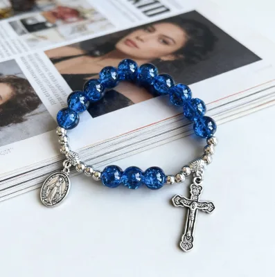 Blue Crystal Bead Decade Rosary Bracelet, Silver Miraculous Medal & Crucifix Catholic Prayer Wristband, Religious Gift