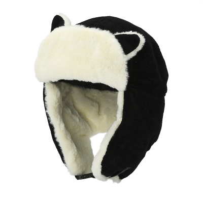 Cute Women Black Corduroy Hat Winter Warm Faux Fur Outdoor Trapper Cap Russian Trapper Hat Hunter's Hats with Cat Ears