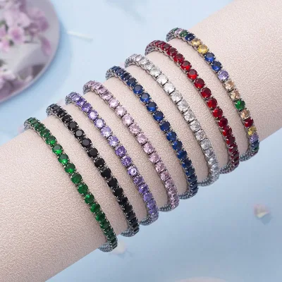 new Stackable Gold or Silver Plated 4mm Square Diamond Bracelet Women's Glass Zircon Colorful Diamond Tennis Bracelet